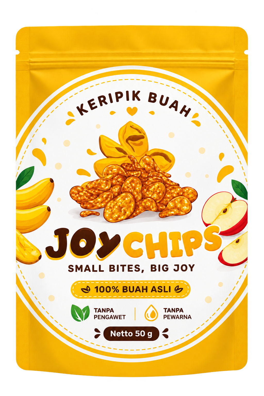 Kemasan standing pouch JoyChips - keripik buah 50g, 100% buah asli, tanpa pengawet, tanpa pewarna